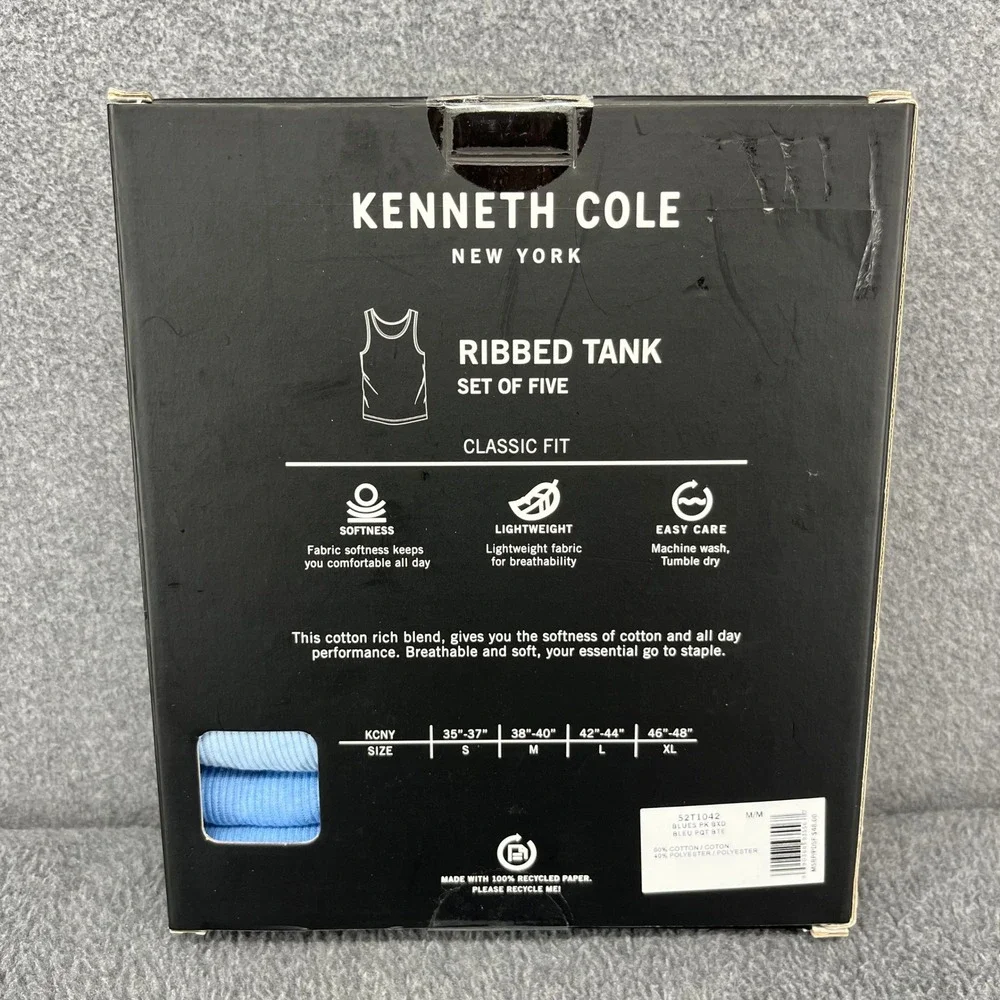 Kenneth Cole Ribbed Tank Men M Blue 5 Pack Classic Fit Soft Cotton Undershirts